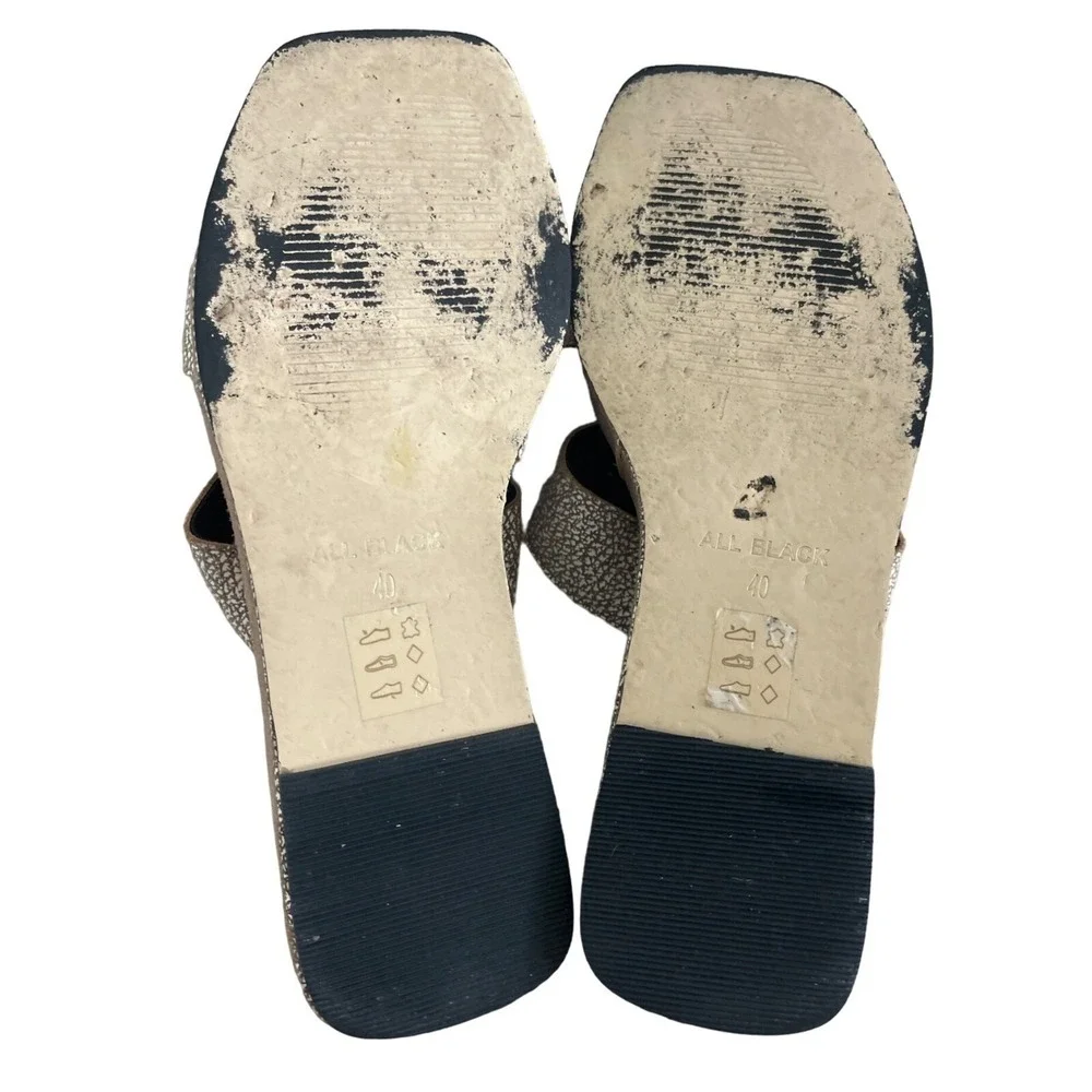 All Black Platform Slide Sandals Womens 40 9.5 H-Strap Brown Silver Luxe $175